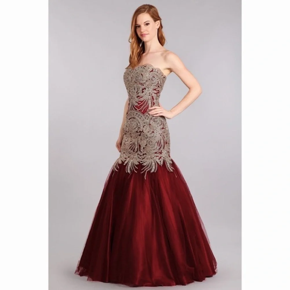 STRAPLESS Burgundy Gold Lace Mermaid Dress 1697 - Picture 3 of 7